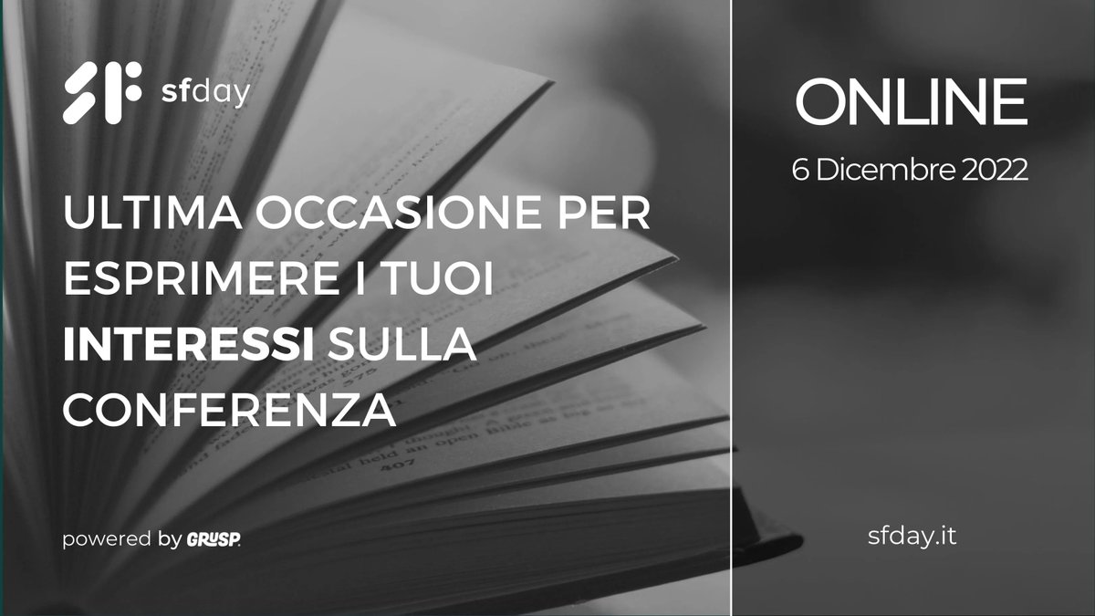Ultima occasione per esprimere i tuoi interessi riguardo a #sfday!

Compila questo form: buff.ly/3TMEPSl

Ci vediamo 📍 Online il 📅 06.12.22 
🎫 buff.ly/3L3ki84 

<a href="/grusp/">GrUSP</a> #sfday #symfony #php