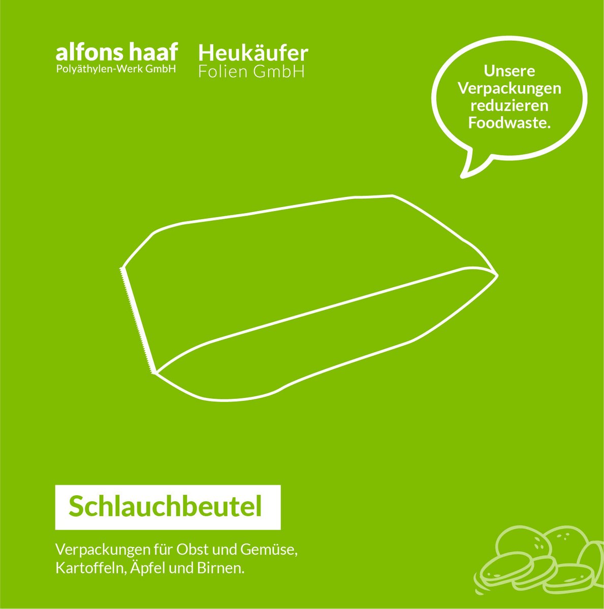Unsere Schlauchbeutel für das horizontale und vertikale Verpacken. Druckausführungen in bis zu acht Farben sind möglich. Durch diese Anwendung können Lebensmittel ressourcenschonend verpackt werden.