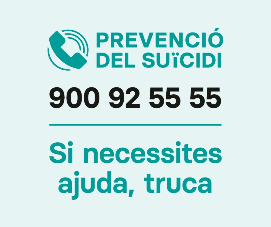TPrevSuicidi's tweet photo. Parlar a temps pot salvar vides. Si estàs passant una situació difícil i tens pensaments suïcides, o coneixes algú en aquesta situació, truca al Telèfon de Prevenció del Suïcidi, et podem ajudar.

📞 900 92 55 55
🕐 24h / 365 dies
#prevenciodelsuicidi https://t.co/cQvUGG6Y48