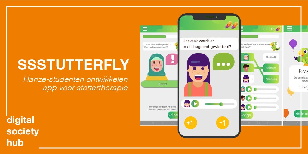 Studenten van vier verschillende opleidingen hebben meegewerkt aan het maken van de ssstutterfly-app. 

Weten wat de app inhoudt? Lees het artikel hier: digitalsocietyhub.nl/over-dsh/nieuw… 

#DigitalSocietyHub #DSH #Hanzehogeschool #Shareyourtalent #Movetheworld #app