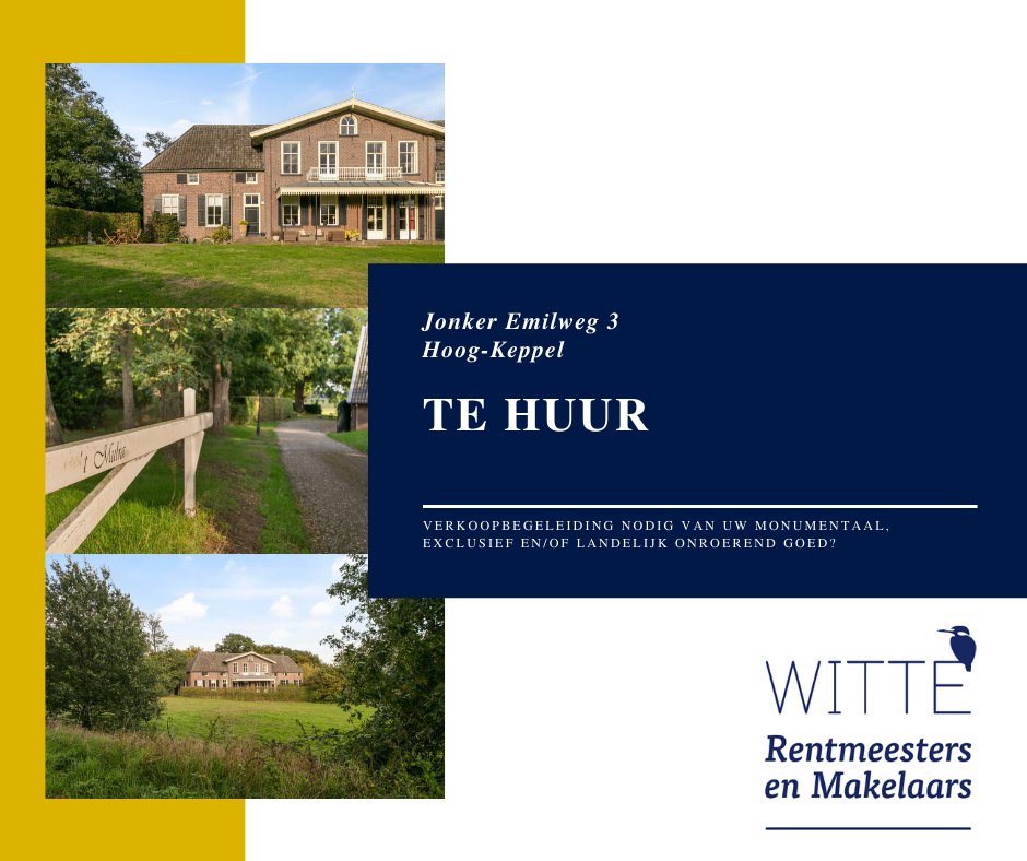 Nieuw in verhuur: 

Stijlvolle woning in het linkerdeel van de historische herenboerderij 't Mulra, gelegen op een schitterende plek langs de rivier de Oude IJssel aan de Jonker Emilweg 3 te Hoog-Keppel.

Voor meer informatie zie: witterentmeestersenmakelaars.nl/objects/648217…