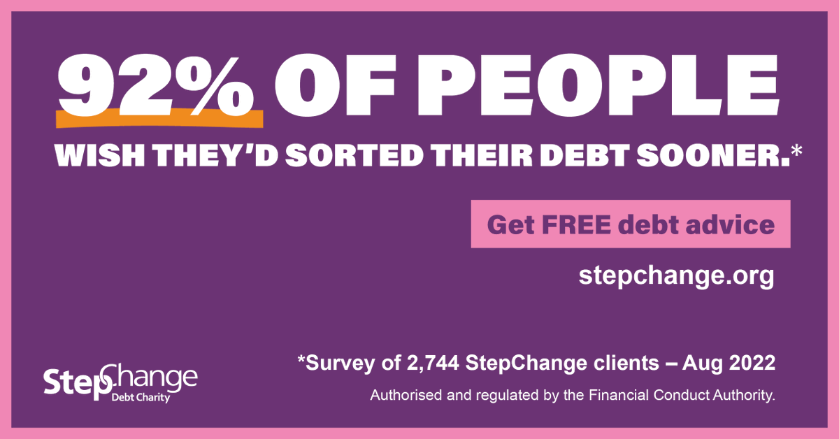 Being in debt can be scary – so it’s no wonder many people wait to reach out for help. But 92% of @StepChange Debt Charity clients surveyed said they wish they’d done it sooner. Don’t wait – visit stepchange.org/?utm_source=pa… to find out how StepChange could help you.