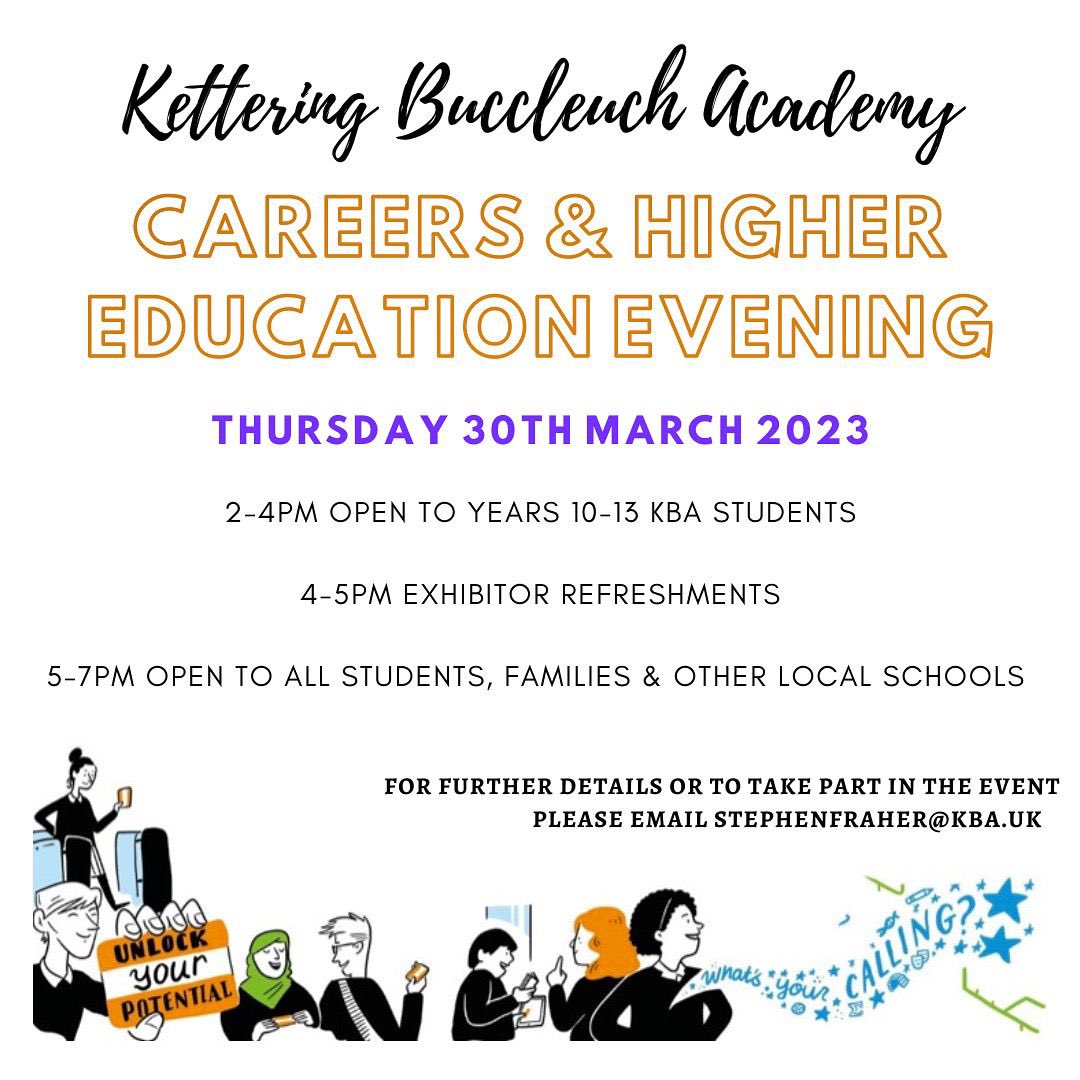 Confirmed exhibitor numbers are growing by the day. Our aim is to put on the most accessible and informed careers event for students and their families in Northamptonshire. 

To be a part of the event please email stephenfraher@kba.Uk

 #Careers #highereducation #apprenticeship
