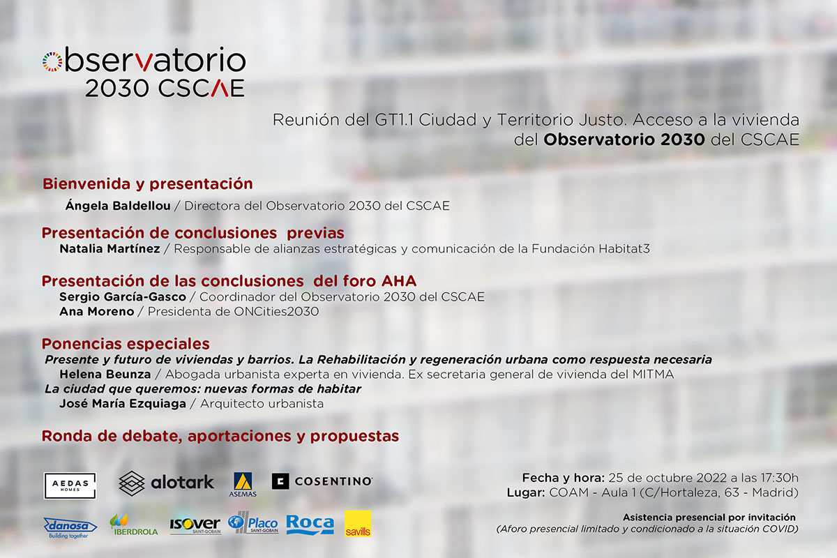 Esta semana, el #Observatorio2030 del CSCAE tiene una intensa agenda en materia de vivienda. 

Mañana, reunión en el <a href="/COAMadrid/">COAM</a> de su Grupo de Trabajo GT1.1 Ciudad y Territorio Justo. Acceso a la vivienda.

Más información: cscae.com/index.php/cono…