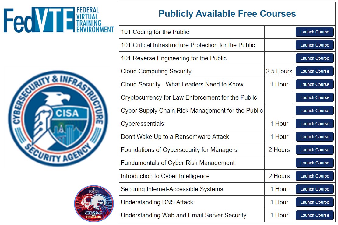 ✅<a href="/CISAgov/">Cybersecurity and Infrastructure Security Agency</a> de EEUU ha emitido unos cursos básicos y gratuitos de #ciberseguridad (En Inglés) 

✅<a href="/CISAgov/">Cybersecurity and Infrastructure Security Agency</a> has revealed some basic and free #cybersecurity training courses (only english)

#infosec #redteam #hacking #ot #critical fedvte.usalearning.gov/public_fedvte.…