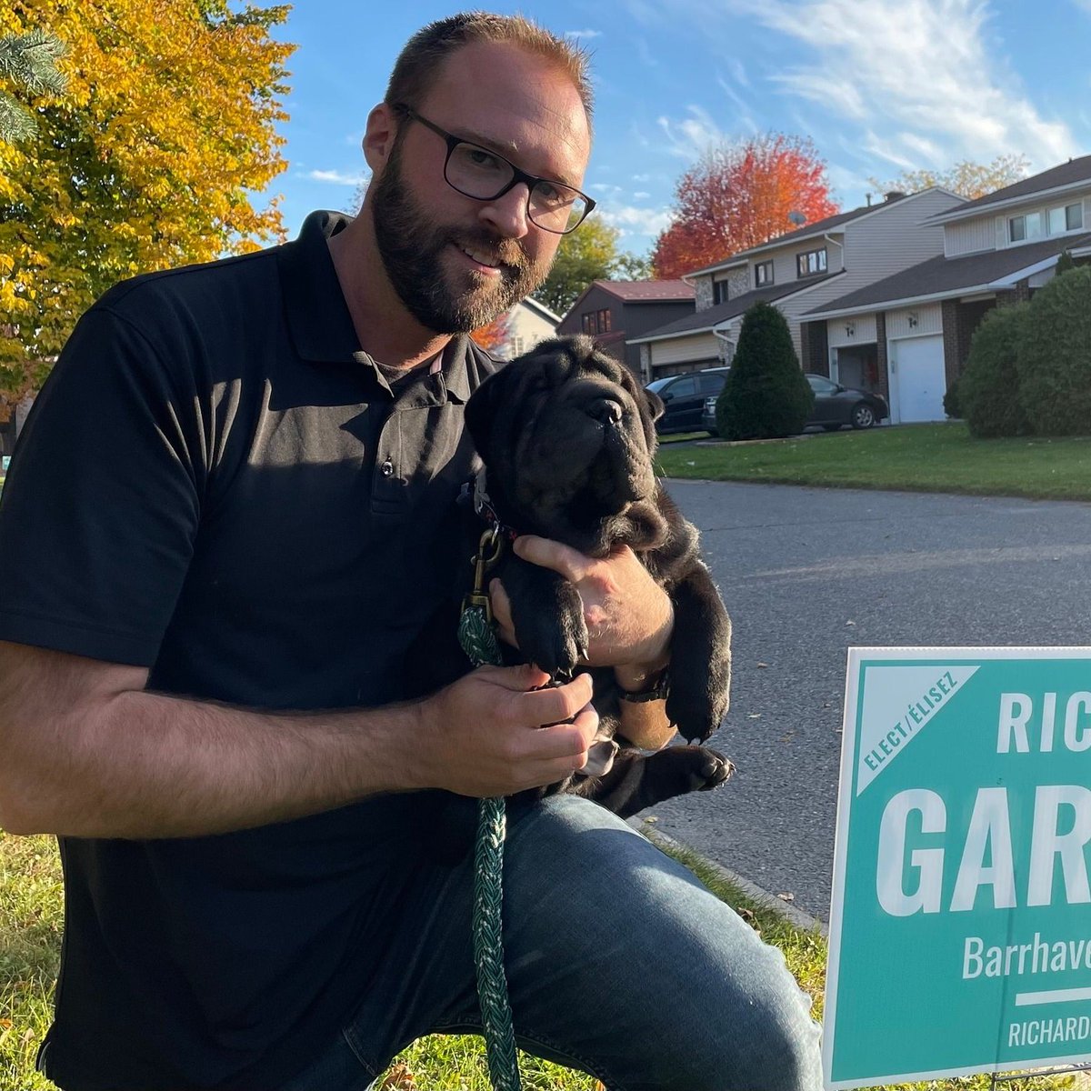 GarrickWard24's tweet photo. It was a great canvassing day yesterday in #Barrhaven East where we were joined (for a few doors) by our newest volunteer recruit, my new pup Marvin! Sadly his canvassing training went in one ear &amp; out the other. He mostly just went around cuddling &amp; trying to eat the flyers. 🤣 https://t.co/cbROpFJtzJ