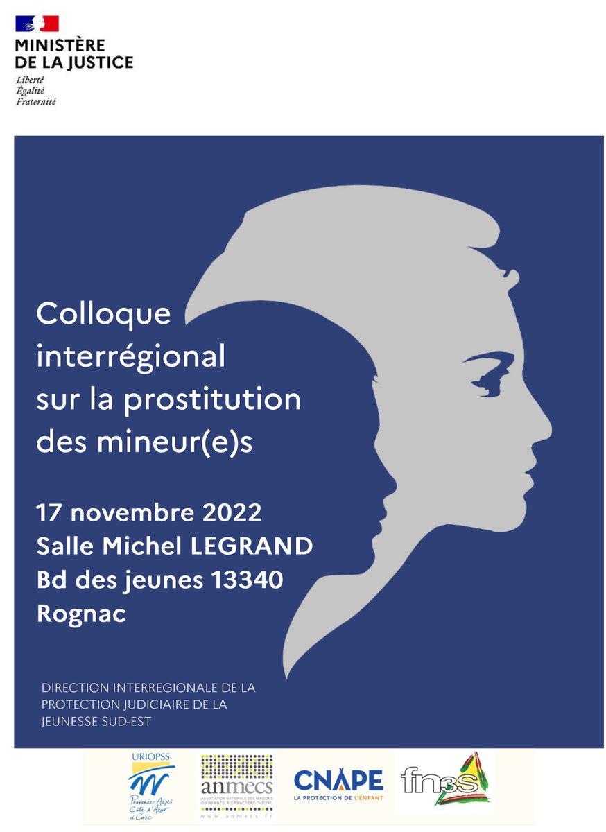 la_CNAPE's tweet photo. 📢 Rendez-vous le 17 novembre prochain au colloque de la #DIRPJJ Sud-Est consacré à la #prostitution des mineur(e)s en partenariat avec l @Uriopss_Pacac l'#ANMECS, la #CNAPE et la #FN3S
👉 Inscriptions : https://t.co/8qkJ7y0wbe
👉 Programme : https://t.co/H6ULfjOw6D https://t.co/Ul7x9CoQqS