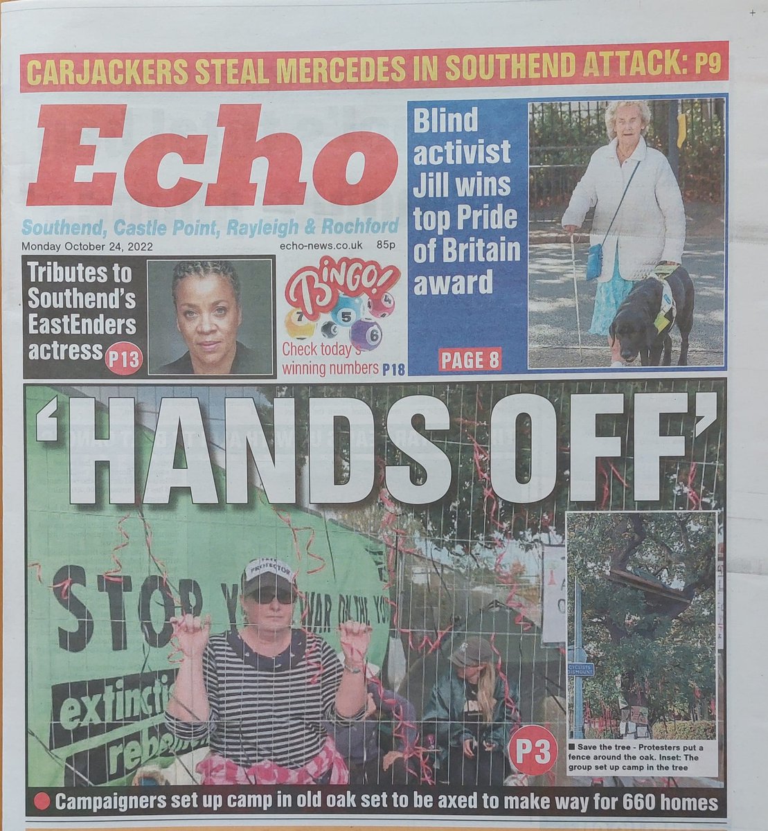 XRSouthend's tweet photo. Front page of the local paper! Hands off indeed, Bloor Homes. Our tree dweller has now passed the baton to another brave soul, and our tree protectors are still in place at the foot of the tree. Not much sleep, but lots of cheer! If you're near #Rochford, come and say hello! https://t.co/Pb2NArdKen
