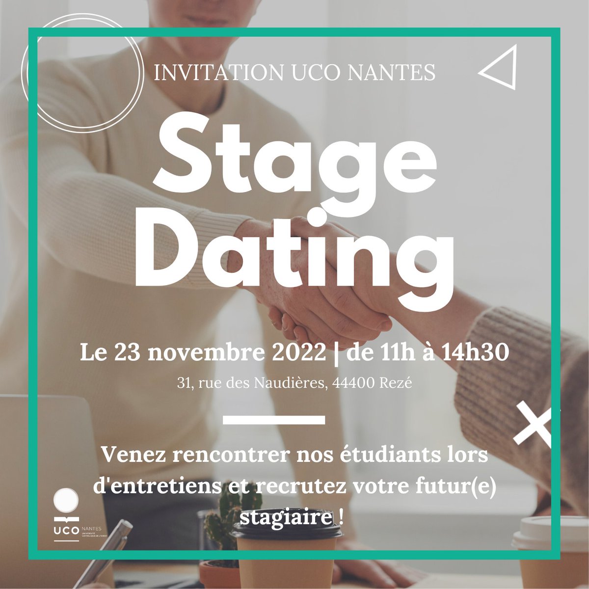 #Stagedating à l'UCO Nantes le 23 novembre. #Entreprises du bassin #nantais, venez rencontrer nos étudiants et trouvez le stagiaire de vos rêves ! Inscription ici : forms.office.com/r/9jwYBd4HYM