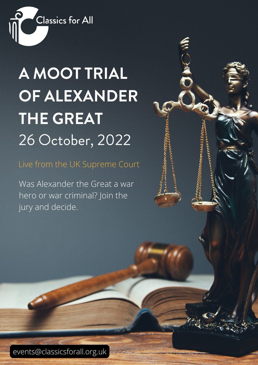 classicsforall's tweet photo. Our annual Moot trial is just two days away! ⚖️⌛️

Alexander the Great stands on trial for war crimes at the UK Supreme Court. Was the legendary general as ‘great’ as history has led us to believe? ❤️‍🔥

🎫 More info &amp; tickets here: https://t.co/lBevP1zi3U https://t.co/xckWudbqBd