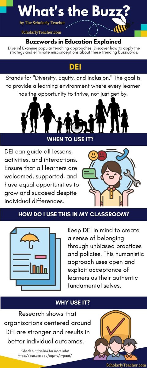 New week, new buzz! This week we're talking about DEI. Stands for 'Diversity, Equity, and Inclusion.' The goal is to provide a learning environment where every learner has the opportunity to thrive, not just get by. #HigherEd #edChat #education #teach #learn #dEI