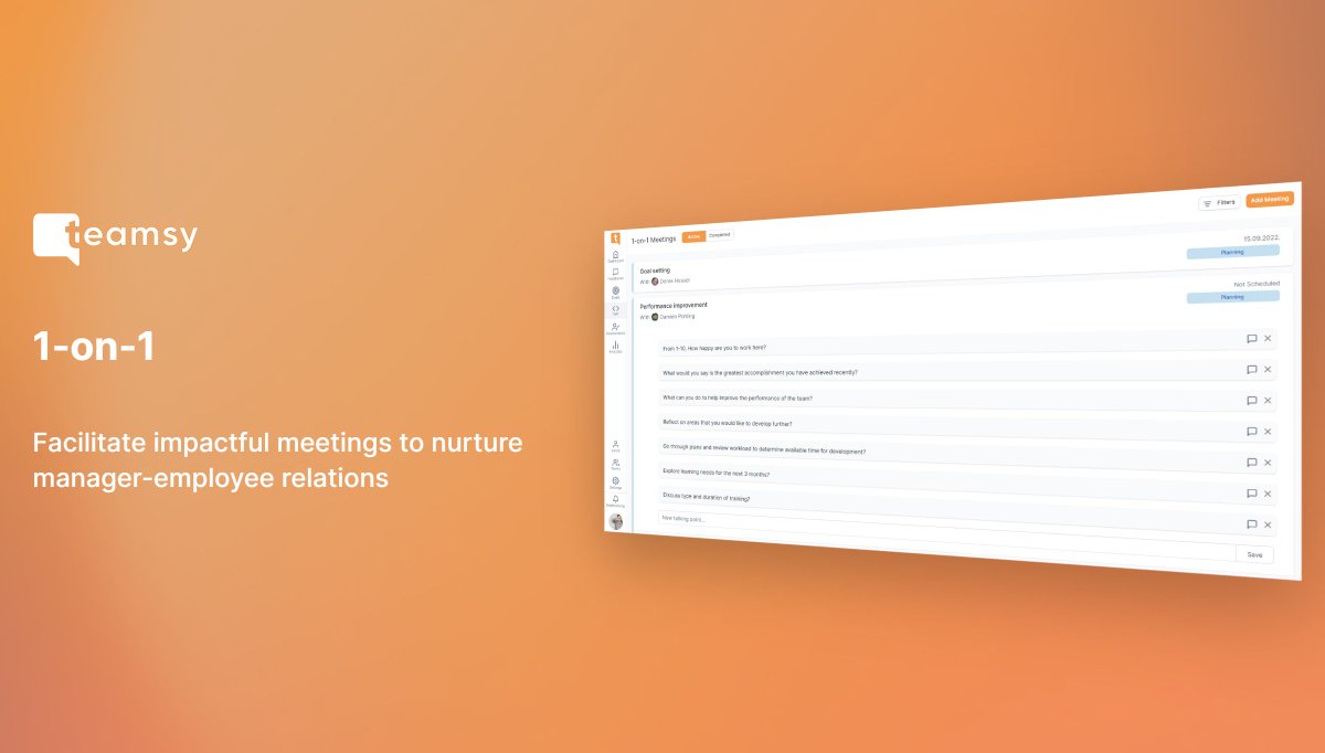teamsyapp's tweet photo. What if you could schedule 1-on-1 meetings with your employees more easily? 

With Teamsy you can schedule and plan 1-on-1 meetings using pre-defined templates, agenda, notes and calendar integration. 💡  

The result? More effective meetings that help you get more done! 🦸🏻‍♂️ https://t.co/UcY7uILU2K