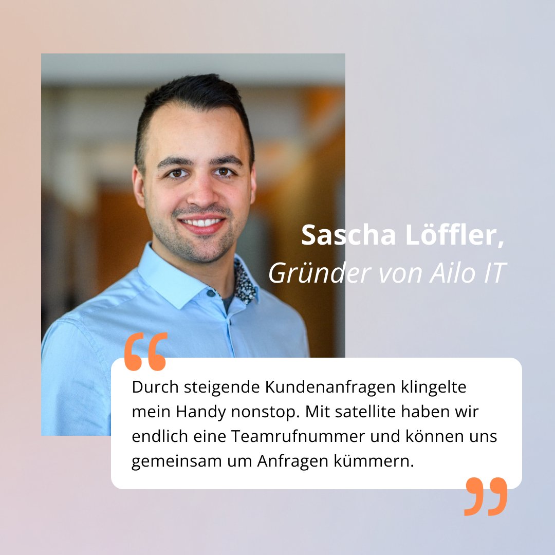 Spannender satellite Use-Case!😍 Mit der Teamrufnummer kann Ailo IT jetzt viel mehr Kundenanfragen annehmen.💪🏼

Hier erfahrt ihr, wie das Team von Sascha satellite einsetzt: landing.satellite.me/use-cases/ailo…