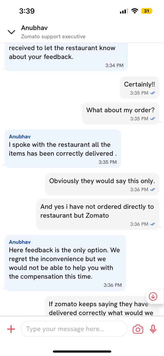 Tat1Twam2Asi's tweet image. @zomato @zomatocare #zomato
#poor_service @jagograhakjago i feel harassed by using zomato as my food ordering platform because they will not help if the restaurant does not deliver a complete order they would only say sorry. We pay full amount for incomplete order. #pathetic