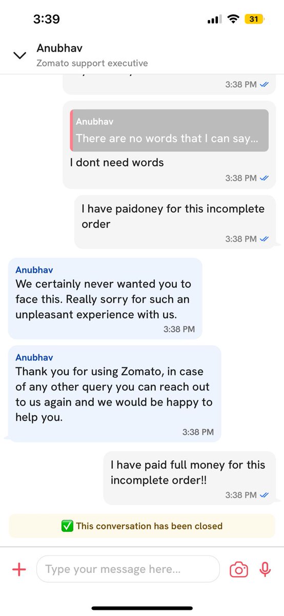 Tat1Twam2Asi's tweet image. @zomato @zomatocare #zomato
#poor_service @jagograhakjago i feel harassed by using zomato as my food ordering platform because they will not help if the restaurant does not deliver a complete order they would only say sorry. We pay full amount for incomplete order. #pathetic