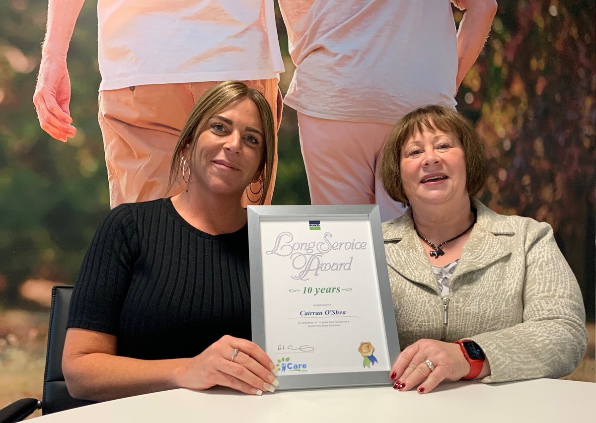 Congratulations to Cairran O'Shea (left), Care Shop Credit Control Supervisor. She has celebrated 10 years service. Here she is accepting her award from Care Shop MD Barbara Meeks (right). 

Well done Cairran, here's to the next 10 years!! #congratulations #careshop #longservice