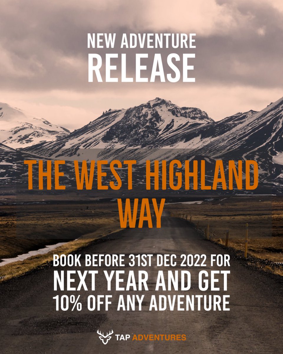 The West Highland Way is now live! To celebrate its release we’re offering 10% off all 2023 adventures booked before 31st Dec 2022! Discount applied at checkout. 

tapadventures.co.uk 

#adventuretravel #westhighlandway #hiking #walking #cycling #tapadventures #bennevis