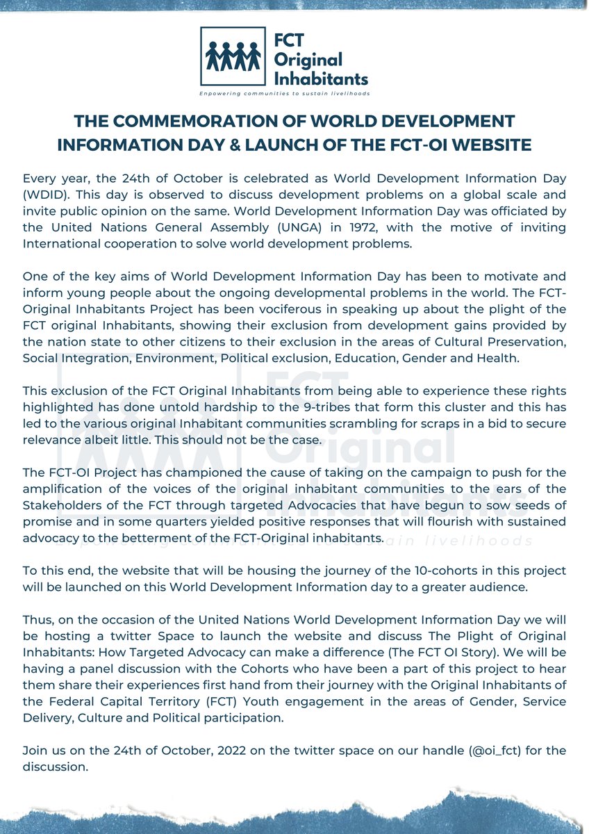oi_fct's tweet photo. Happy #WorldDevelopmentDay! 
To mark the occasion, we will be hosting a Twitter Space later today at 4:30 p.m to launch The FCT OI website and discuss "The Plight of Original Inhabitants: How Targeted Advocacy Can Make a Difference (The FCT OI Story)."

#UNDay #FCTOIWebsiteLaunch https://t.co/JjIhxScNMO
