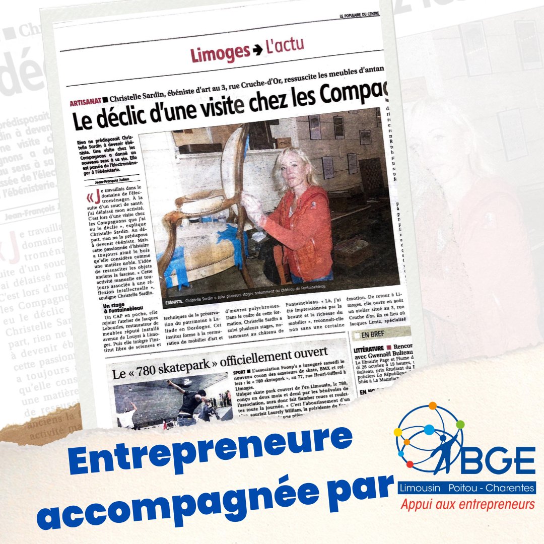 BGE_LPC's tweet image. [ La presse en parle ! ] 📍 Limoges
Article du jour, à découvrir dans @lepopulaire_fr, le portrait de Christelle SARDAIN, Ebeniste Restauratrice d'objets anciens, accompagnée par #BGE #Limousin #Poitou_Charentes 🚀

#Entreprenreure  #artisanat #ebeniste​ #EntreprendreavecBGE