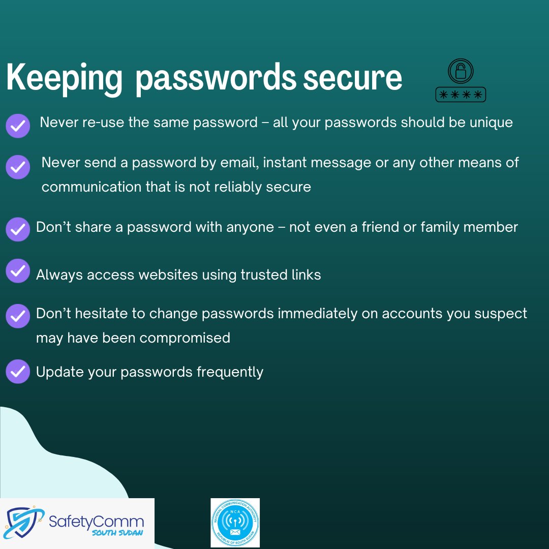 SafetyComm_SS's tweet photo. Once you’ve created strong passwords that hackers
can’t crack, you must keep them secure. If they can’t
break your passwords, criminals will try to trick you
into revealing them. #CybersecurityAwarenessMonth #SeeYourselfInCyber #SecuringOurConnectivity #BeCyberSmart #SSOT https://t.co/LYEiJ15Oye