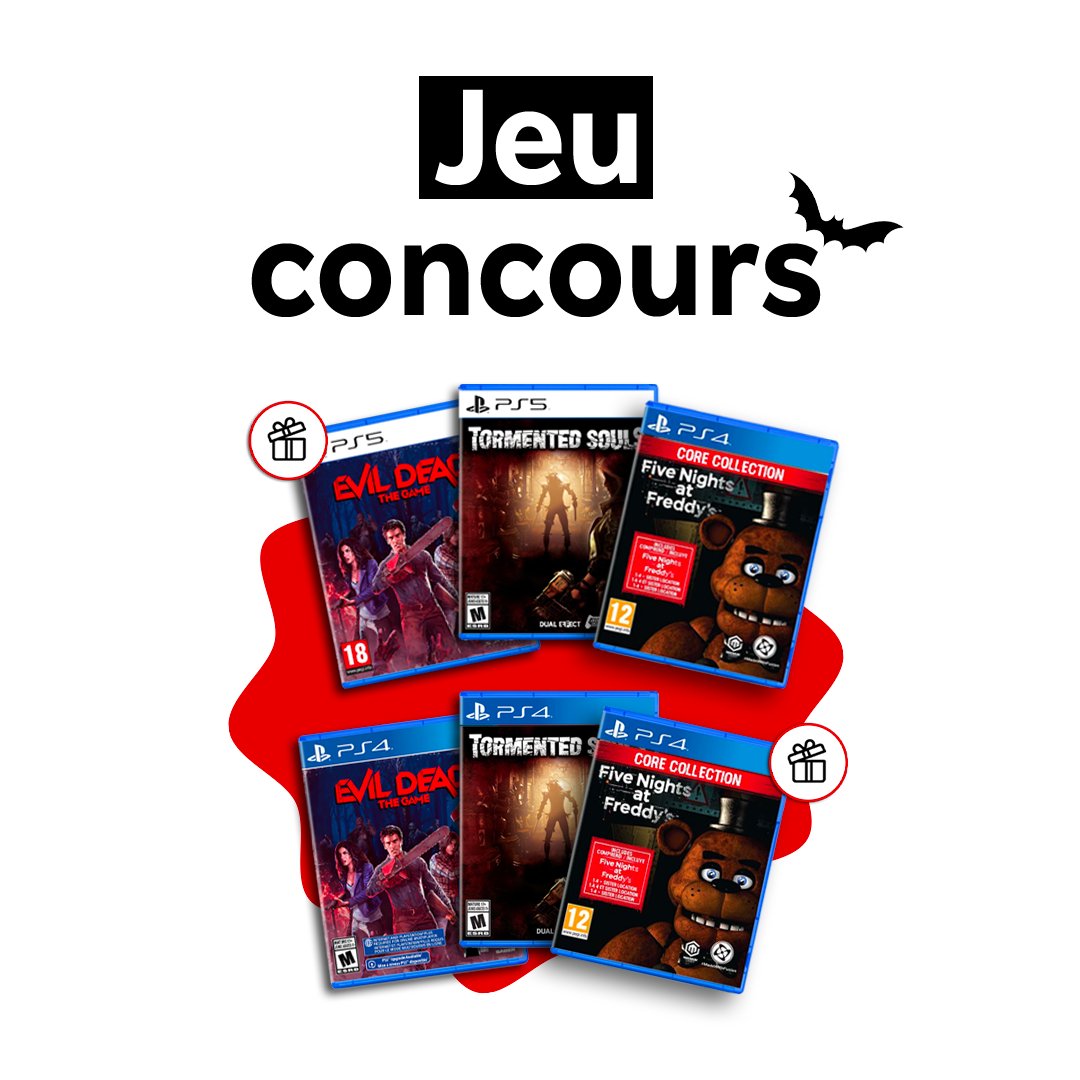 RakutenFrance's tweet photo. 🎃 CONCOURS HALLOWEEN 🎃
🎁 1 : Evil Dead PS5, Tormented Souls PS5, Five Night At Freddy’s PS4
🎁 2 :  Les 3 jeux sur PS4
Pour participer :
🕷 Suis @RakutenFrance &amp; @JustForGames 
🕷 RT avec le #RakutenFrance &amp; #ConcoursHalloween en précisant quel lot tu souhaites
TAS le 31/10 🦇 https://t.co/OkD1Sid7fu