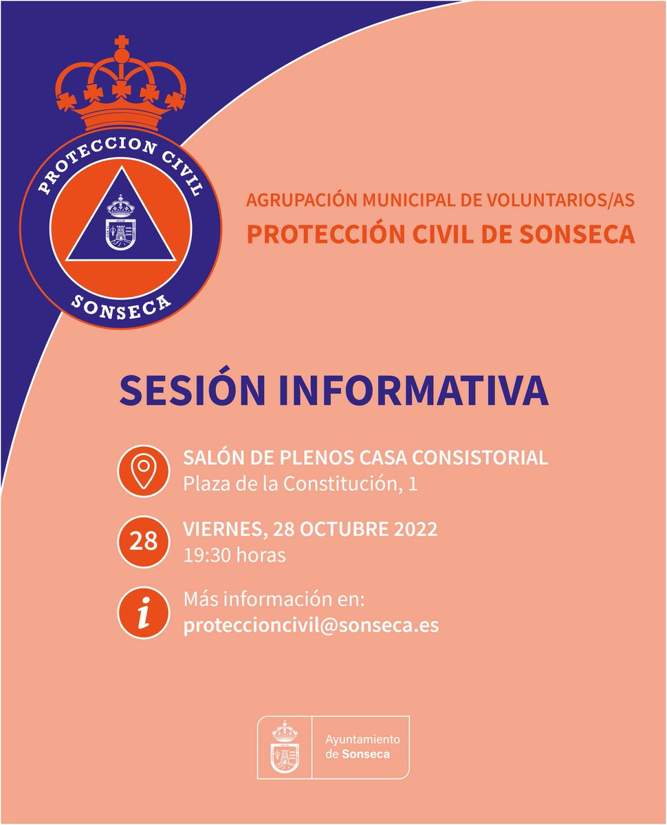 VOLUNTARIADO | El Ayuntamiento de Sonseca promueve la reactivación de la Agrupación Municipal de Voluntarios/as de Protección Civil de Sonseca.
Con la finalidad de informar sobre el procedimiento de reactivación de Protección Civil de Sonseca, se realizará una sesión informativa: