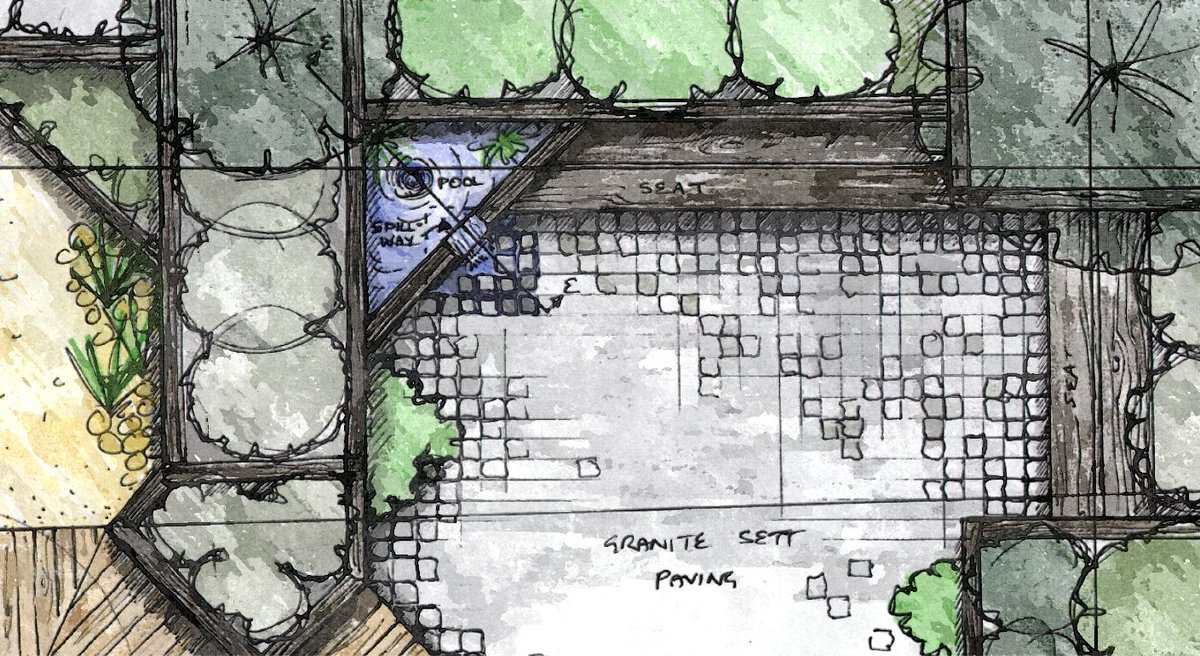I love using Sketchup but sometimes hand drawing conveys ambience better than anything else. Here a courtyard concept with water feature and built in seats. #gardendesign #handdrawn #handdrawing #conceptdesign #gardendesigner #gardeninspiration #courtyard #courtyardgarden