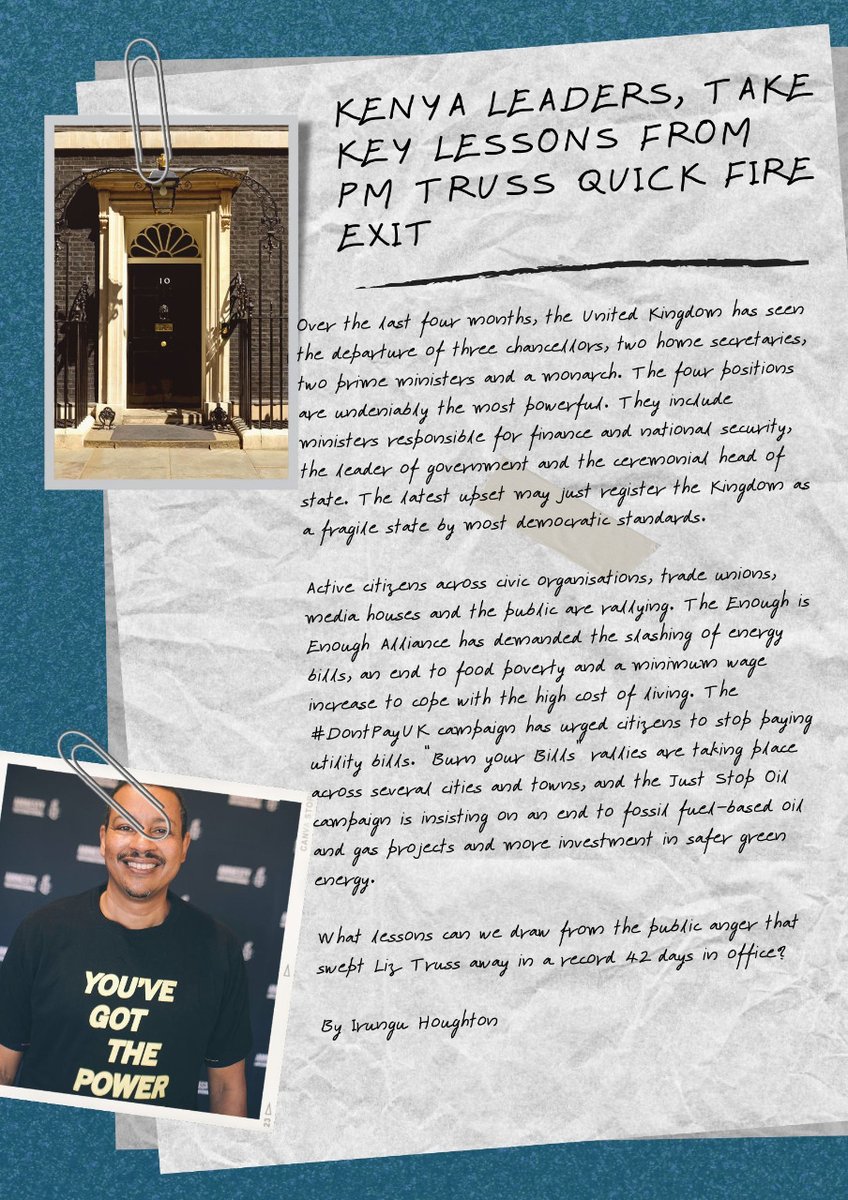 AmnestyKenya's tweet photo. Over the last 4 months, UK has seen the departure of 3 chancellors, 2 home secretaries, 2 prime ministers and a monarch. Our 1st #AmnestyRead by @irunguhoughton asks, what lessons can we draw from the public anger that swept Liz Truss away within 42 days? https://t.co/wGzISI4uNG https://t.co/RKmCpcX16A