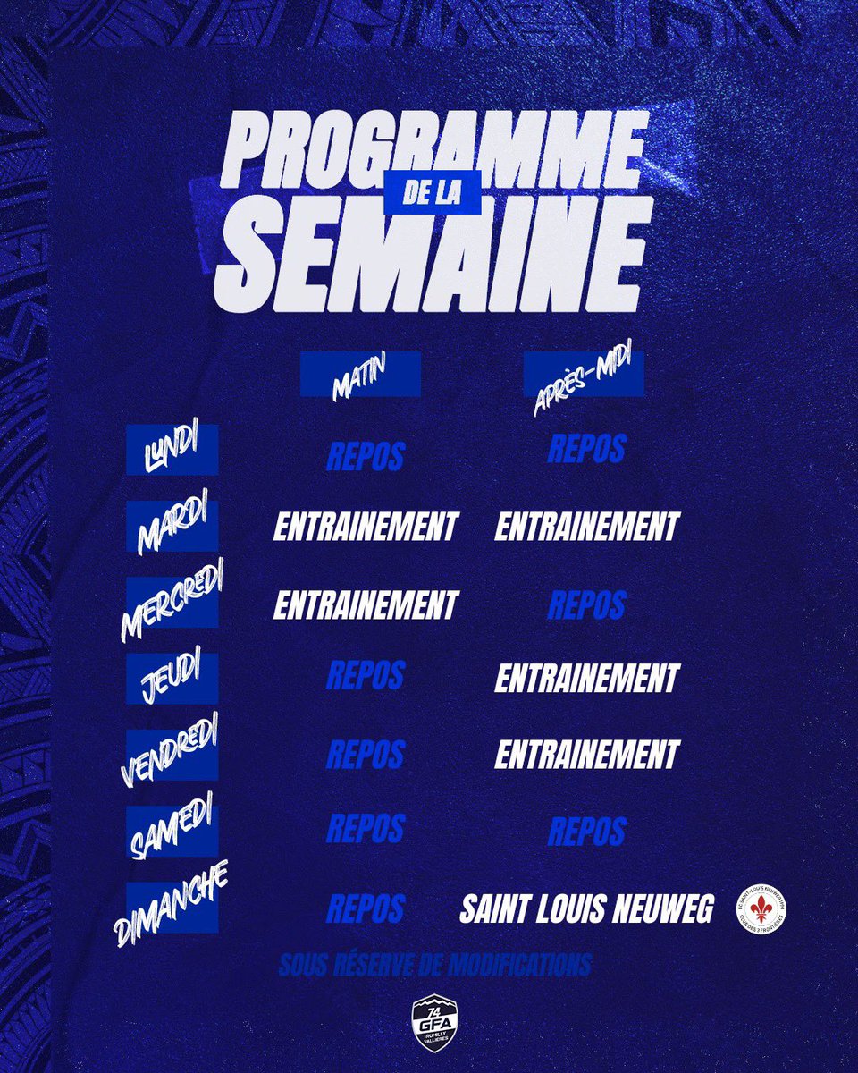 [𝐏𝐑𝐎𝐆𝐑𝐀𝐌𝐌𝐄 𝐍𝟑] 🗓 

👉🏻 Retrouvez le 𝗽𝗿𝗼𝗴𝗿𝗮𝗺𝗺𝗲 𝗰𝗼𝗺𝗽𝗹𝗲𝘁 de la semaine pour notre groupe N3 

➡️ Prochain rendez-vous 𝗰𝗲 𝗱𝗶𝗺𝗮𝗻𝗰𝗵𝗲 𝗮𝗽𝗿𝗲̀𝘀-𝗺𝗶𝗱𝗶 (14h30) face au FC Saint-Louis Neuweg lors du 𝟳𝗲̀𝗺𝗲 𝘁𝗼𝘂𝗿 de la Coupe de France