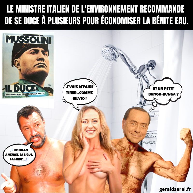GeraldSerai's tweet photo. Et on peut même en profiter pour laver sa chemise noire !
----------
#bfn #breakingfakenews #humour #mème #italie #sobriété #douchecollective #duce #meloni #berlusconi #salvini #postfasciste
Abonnez-vous ! https://t.co/4iU8RueM90