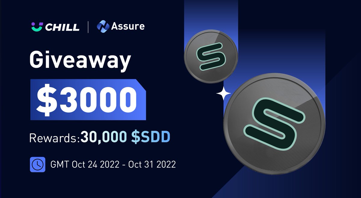 🎁#AssureJointAirdrop

🤩#Assure &amp; CHILL｜Web3 Health Portal  #Airdrop
🏆$3000 #Giveaway  
[ 30,000 $SDD / 300 winners ]
⏰Oct 24 - Oct 31, 2022, UTC

💥Join Now～
1⃣Follow <a href="/Assure_pro/">AScoin Wallet</a> &amp; <a href="/chillweb3/">CHILL｜Web3 Health Portal</a>
2⃣Fill &amp; Join forms.gle/2LT1JijBHpX3YV…
3⃣RT + @ 3 

#Crypto #GiveawayAlerts