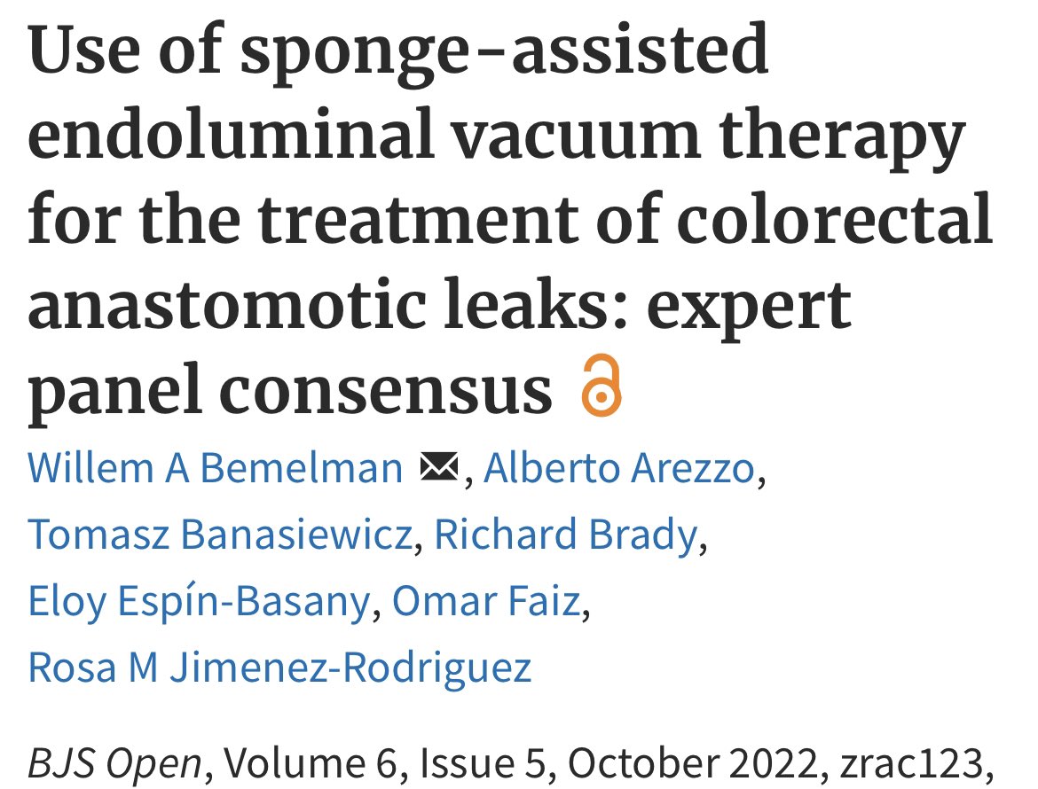 📖Delighted to see our consensus guidelines on  “Use of sponge-assisted endoluminal vacuum therapy for the treatment of colorectal anastomotic leaks: expert panel consensus” published in <a href="/BjsOpen/">BJS Open</a> -brilliant team to be a part of (link) 👉academic.oup.com/bjsopen/articl… #colorectalsurgery