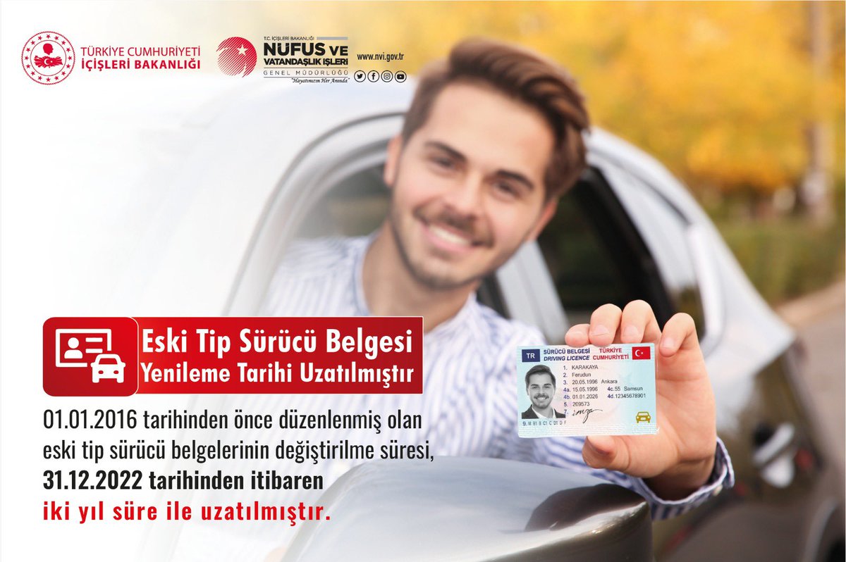 01.01.2016 tarihinden önce alınan Eski Tip Sürücü Belgelerinin değiştirme süresi, 31.12.2022 tarihinden itibaren 2 yıl süreyle aynı ücretle (13 değerli kâğıt bedeli +2 vakıf bedeli toplam 15 TL) uzatılmıştır. Yeni haftaya Bismillah
<a href="/TCNufus/">Nüfus ve Vatandaşlık İşleri Genel Müdürlüğü</a> #HayatınızınHerAnında