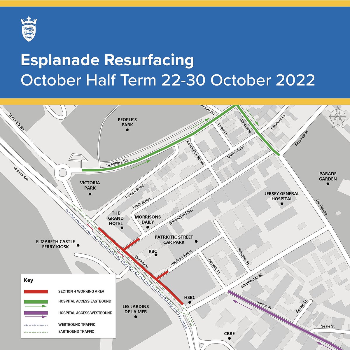 Work has began resurfacing the eastbound carriageway of the Esplanade, between The Grand hotel and Gloucester Street.    The road will remain open in both directions throughout, but a contraflow and some diversions will be in place.   More details: bit.ly/3mIOVUl