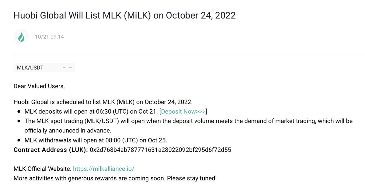 Boorsaorg's tweet photo. صرافی #HuobiGlobal امروز $MLK را لیست می کند.
پلتفرم MiL.k شرکت‌های خدماتی مختلف را در بخش‌های سفر، اوقات فراغت و سبک زندگی با امکان ادغام و تجارت امتیازهای پاداش آنها با استفاده از Milk Coin (MLK) به عنوان ارز اصلی به هم متصل می‌کند. https://t.co/178ak20SR5