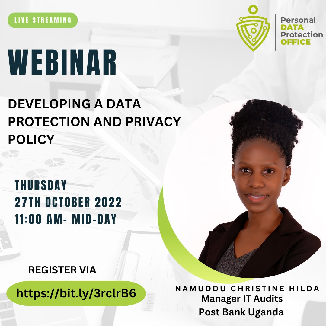 Join our webinar this Thursday 27th October 2022 at 11:00am E.A.T on "𝐃𝐞𝐯𝐞𝐥𝐨𝐩𝐢𝐧𝐠 𝐚 𝐃𝐚𝐭𝐚 𝐏𝐫𝐨𝐭𝐞𝐜𝐭𝐢𝐨𝐧 𝐚𝐧𝐝 𝐏𝐫𝐢𝐯𝐚𝐜𝐲 𝐏𝐨𝐥𝐢𝐜𝐲" Click on the link to register bit.ly/3rclrB6 
#PersonalDataisPrivate #DataPrivacyUG