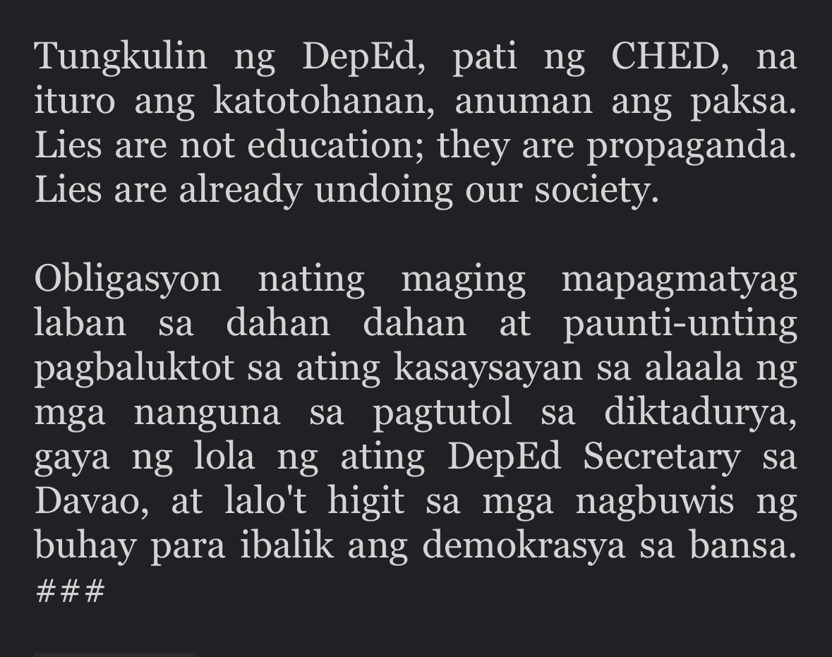 Sen. Risa Hontiveros on learning materials that rebrand Martial Law period to “New Society”: “DepEd shouldn’t be an enabler of Martial Law rebranding.” It is “a blatant failure of our education authority to ensure the truthful and complete narration of the Marcos dictatorship.”