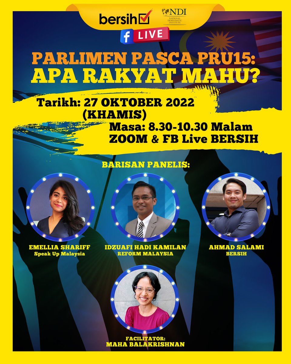 PARLIMEN PASCA PRU15: APA YANG RAKYAT MAHUKAN?

Tarikh: 27 Oktober 2022 (Khamis)
Masa: 8.30 malam
Tempat: FB Live BERSIH

Ikuti siaran langsung forum di Facebook BERSIH: facebook.com/BERSIH2.0
