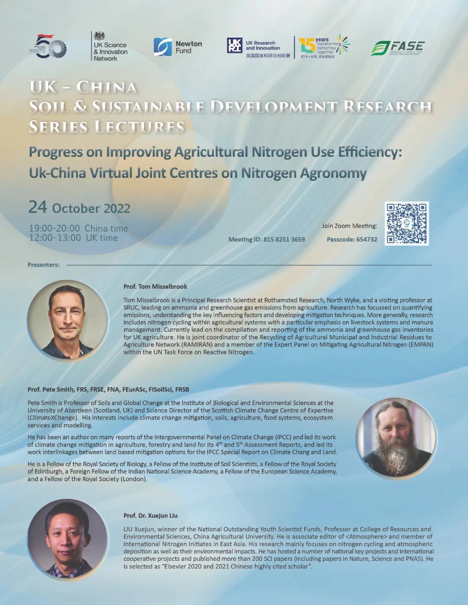 UKRI_China's tweet photo. Join us today for the 3rd lecture in the Soil & Sustainable Development Research Series at 12:00 GMT!
Get to know the @UKRI_News, @BBSRC funded work on improving agricultural #nitrogen use efficiency and the UK-China Virtual Joint Centre for Improved Nitrogen Agronomy (#CINAG). https://t.co/QsdRI5Kf8a