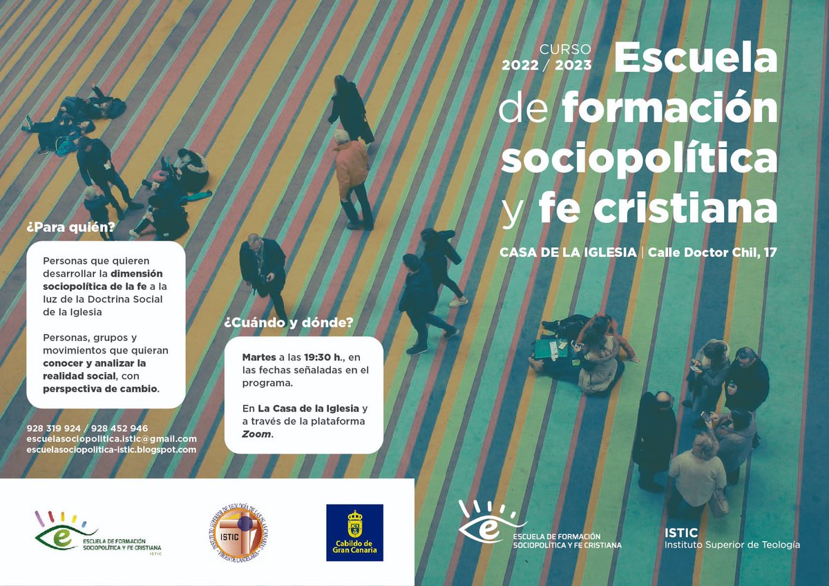 DiocesisCanaria's tweet photo. #ISTIC Este martes, a las 19.30 horas, arranca el nuevo curso en la Escuela de formación sociopolítica y fe cristiana, en La casa de la Iglesia, Vegueta, con la ponencia de Carmelo Ramírez, consejero del Cabildo de Gran Canaria https://t.co/JurYB2aqEi