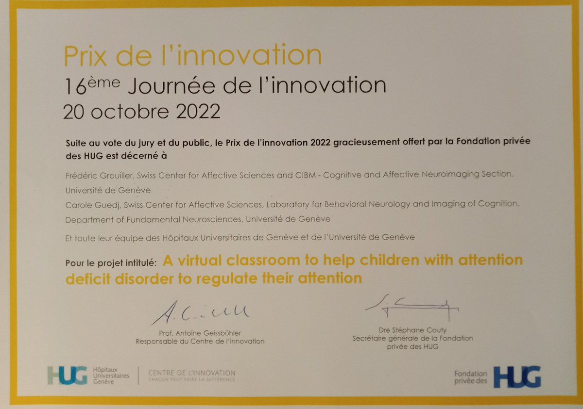 GrouillerF's tweet photo. Very happy to have won the HUG #innovation award for our virtual classroom for #ADHD children.
A big thank you to the whole team! Thanks also to @innovation_hug and to HUG Private Foundation.
We hope that this will help us to raise new funds for the development of this project ! https://t.co/ET774ZWYwg