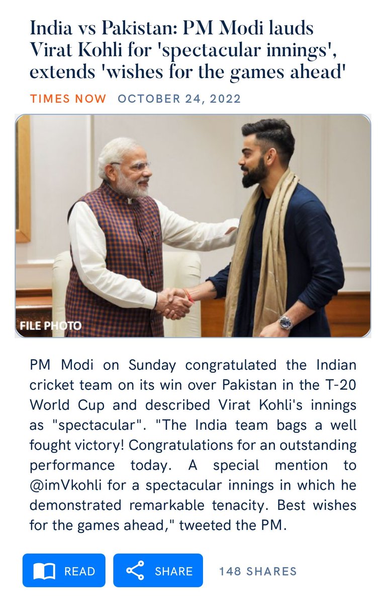 India vs Pakistan: PM Modi lauds Virat Kohli for 'spectacular innings', extends 'wishes for the games ahead'
timesnownews.com/viral/india-vs…

via NaMo App