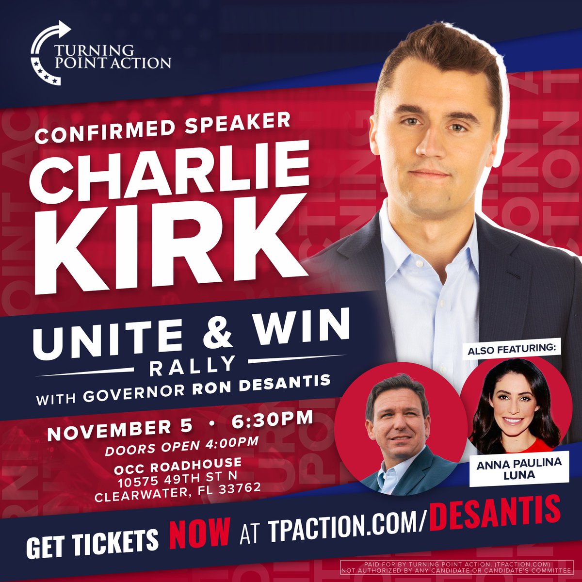 YOU GUYS... this event is gonna be 🔥🔥🔥! Join TONS of freedom-fighting patriots at the upcoming UNITE & WIN rally, featuring amazing speakers including @GovRonDeSantis, @realannapaulina, and @charliekirk11! 🤩🇺🇸 Don't miss out... REGISTER NOW at TPAction.com/DeSantis