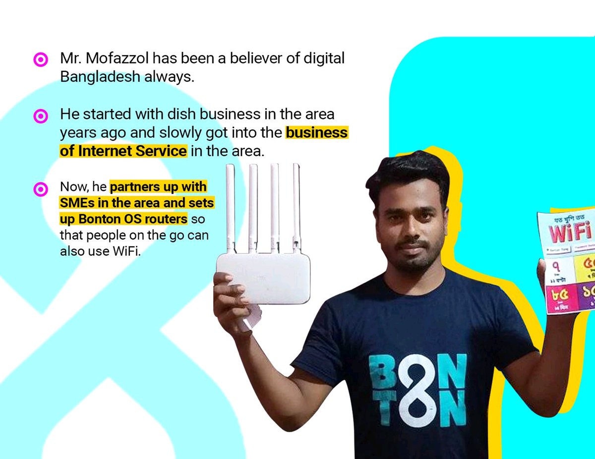 BontonConnect's tweet photo. Mr. Mofazzol Hossain has been a very active member and business client of Bonton Connect. He expanded his internet business by installing Bonton OS routers in his area. 📡 

We are proud to have him as one of our best clients. Congratulations on his success! https://t.co/BvNHssJWXn