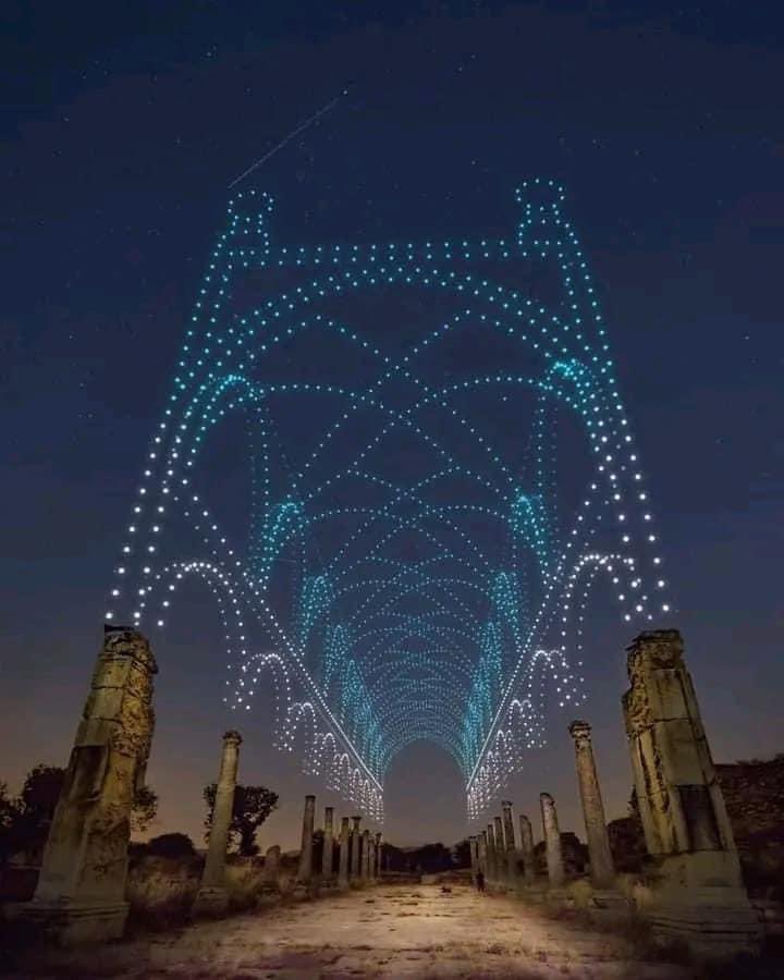 This is such a fantastic idea (non-invasive yet clear): Using luminous light shows via drones to illuminate the footprints of the destroyed aspects of historic monuments — by Cyberdrone Drone Shows.