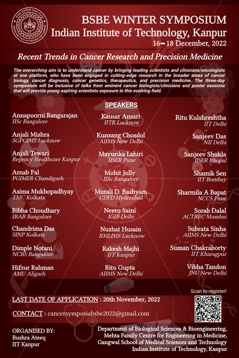 We are pleased to announce our Annual BSBE Winter Symposium – 2022, focusing on the “Recent Trends in Cancer Research and Precision Medicine”, to be held on December 16 – 18, 2022 at <a href="/IITKanpur/">IIT Kanpur</a> 
For more information, please go to: 
sites.google.com/.../annual-bsb…