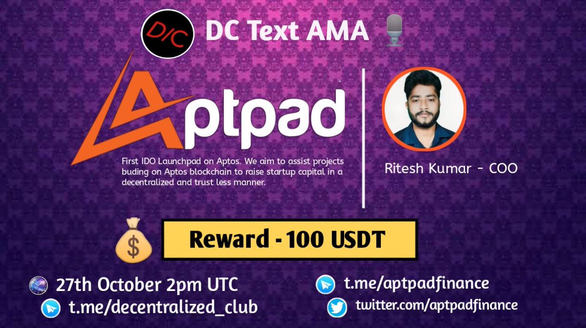 dens_club's tweet photo. DC will host Text AMA with @aptpadfinance on October 27 (2022) at 2PM UTC | 10AM EST | 7.30PM IST

10 questions from Twitter (5) &amp; Live Telegram asking (5) will share $100 USDT. 

1⃣Like,Retweet
2⃣tag 2 friends
3⃣Post Question

#crypto #nft #AMAs2022 https://t.co/EQpKWaZtO8