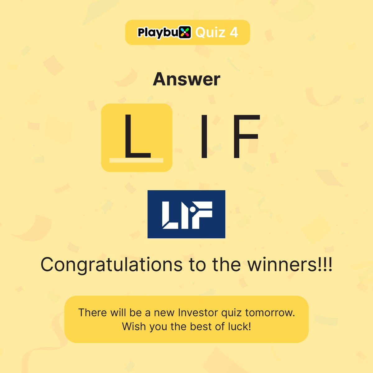 playbuxco's tweet photo. Answer of quiz 4 : 
LIF is the new investor in Playbux.
@LingfengCapital

Congratulations to the 3 lucky winners.

@ICOFLIP88
@tuanphamstatic
@shooshan69

And get prepared for tomorrow's new quiz.

#LIF #Lingfengcapital  #Playbux
#Shoptoearn #S2E https://t.co/4fWo8vHjdR