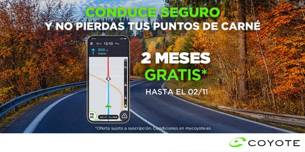 Coyote_ES's tweet photo. 🔔 ¡PROMO ÚLTIMA SEMANA! 
✅ GRATIS 2 meses de la App Coyote, disfruta de:

◼️ avisador de radares 100% legal
◼️ navegación GPS en HD y 3D
◼️ alertas de tráfico
◼️ límites de velocidad
◼️ cambio de carril asistido

👉🏼 https://t.co/fdiAiQW5A5

📆 Hasta el 2 de noviembre https://t.co/MTLwObORqo