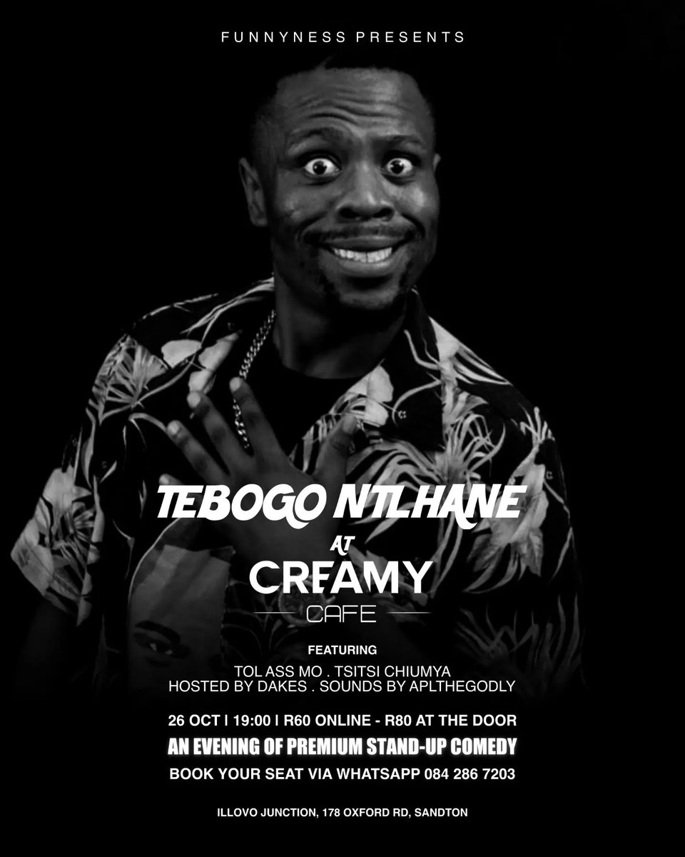 funnyness_sa's tweet photo. join us this wednesday.

📍  Creamy Café  
⏰  19:00
🎟  R60 online | R80 at the door

enjoy an exciting evening of comedy entertainment.

tickets via whatsapp. simply message Funnyness at 084 286 7203.

#standupcomedy #fyp #music #comedy #curingboredom #funnyness https://t.co/8poe9Uy4Ha